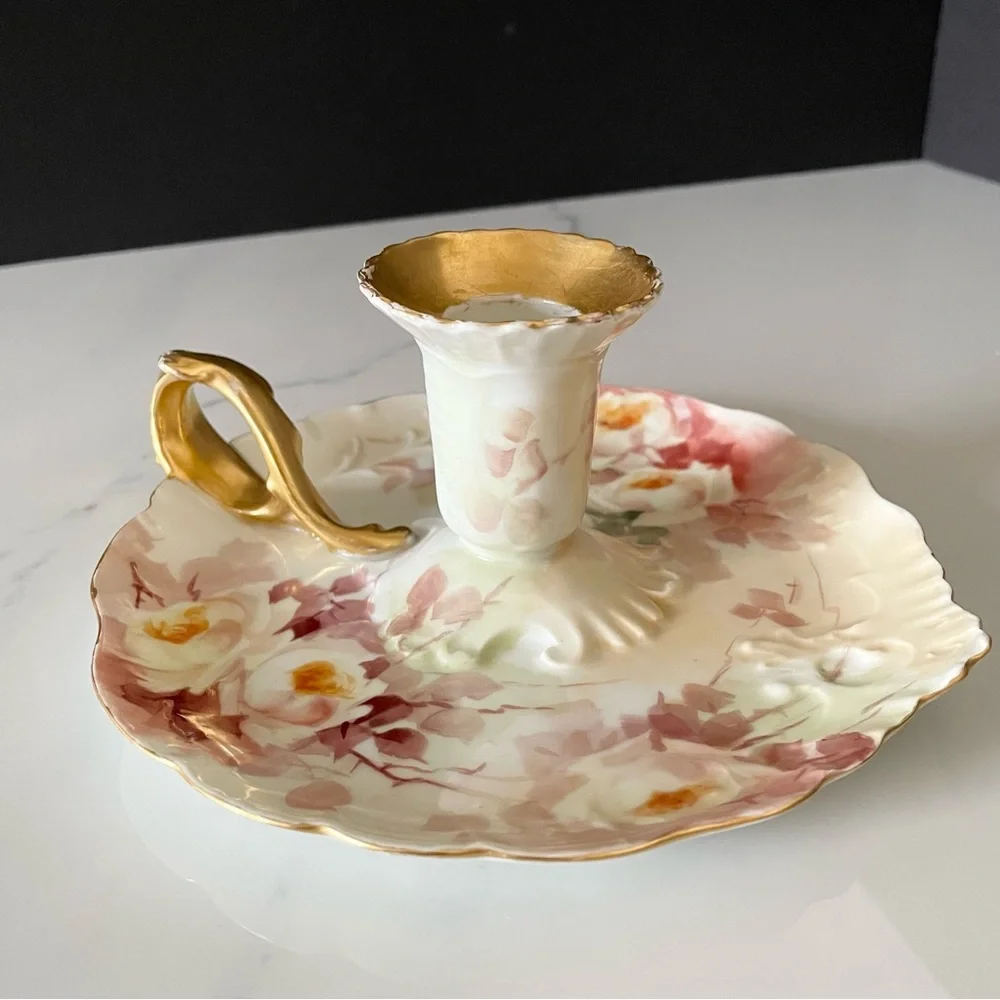 Floral & Gold Candle Holder with Handle - J.P. Limoges
